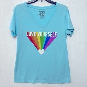 Rebel Society‎ Love Yourself Rainbow Graphic T-shirt Blue Teal Short Sleeve XL